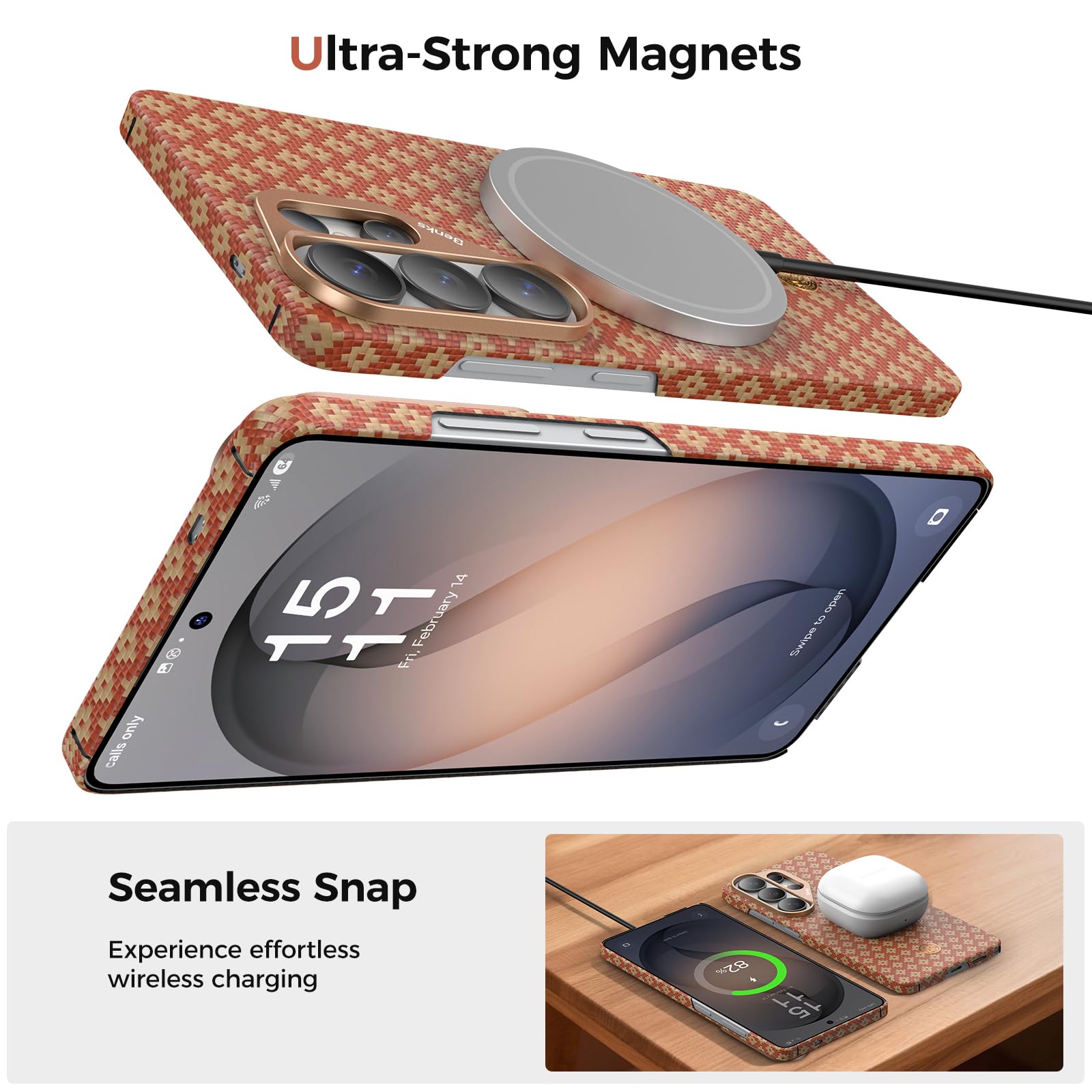 BENKS Etui do Samsung Galaxy S26 Ultra – Kevlar® Case kompatybilne z MagSafe, ultracienkie i lekkie, tkane włókno aramidowe z aluminiową ochroną aparatu, ArmorGrid Air Fortune pomarańczowe