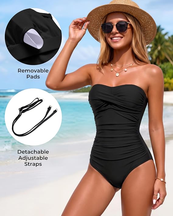 Womens Strapless One Piece Swimsuit Tummy Control Bandeau Bathing Suits