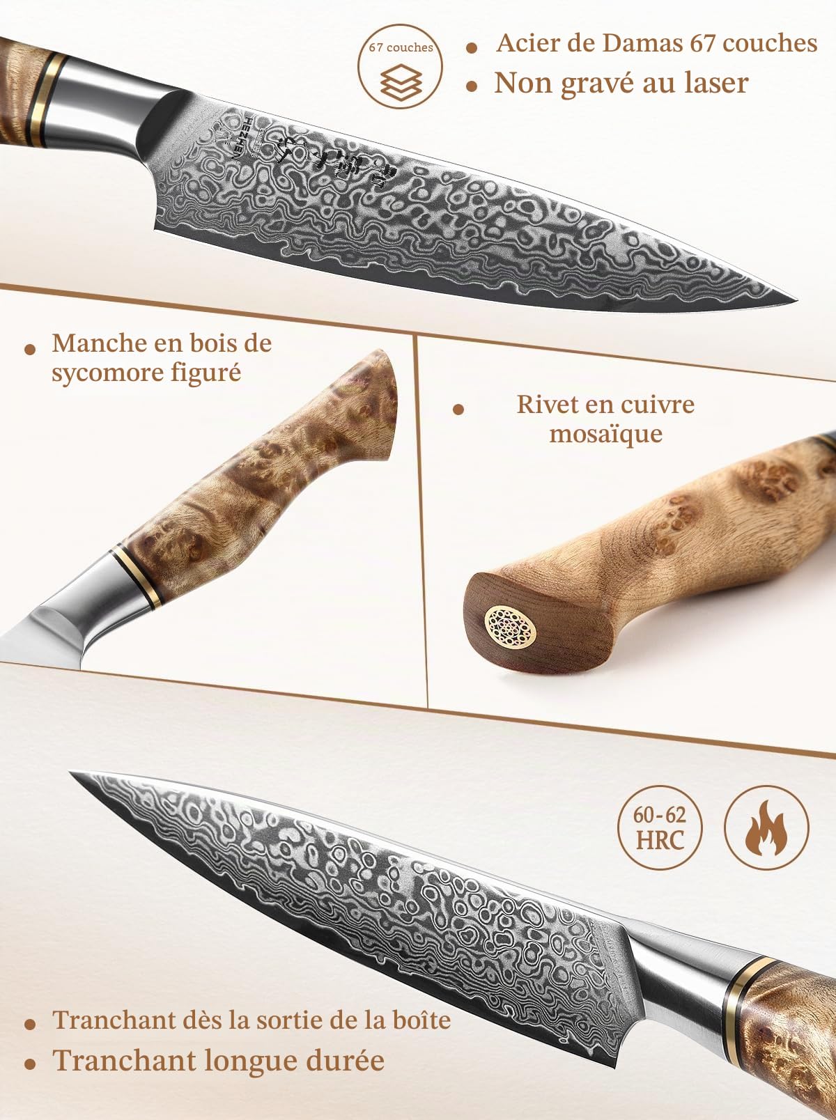 HEZHEN Couteau Universel, Acier Damas Couteaux D'office, Multifonctionnel Couteau à Fruits, Figured Sycamore Wood Handle