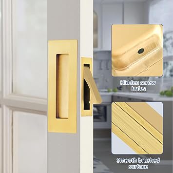 Pocket Door Hardware and Edge Pull,Stainless Steel Pocket Door Handles Latch,Recessed Finger Flush Pulls,for Closet,Sliding,Barn Door (Brushed Gold, 6Inch)