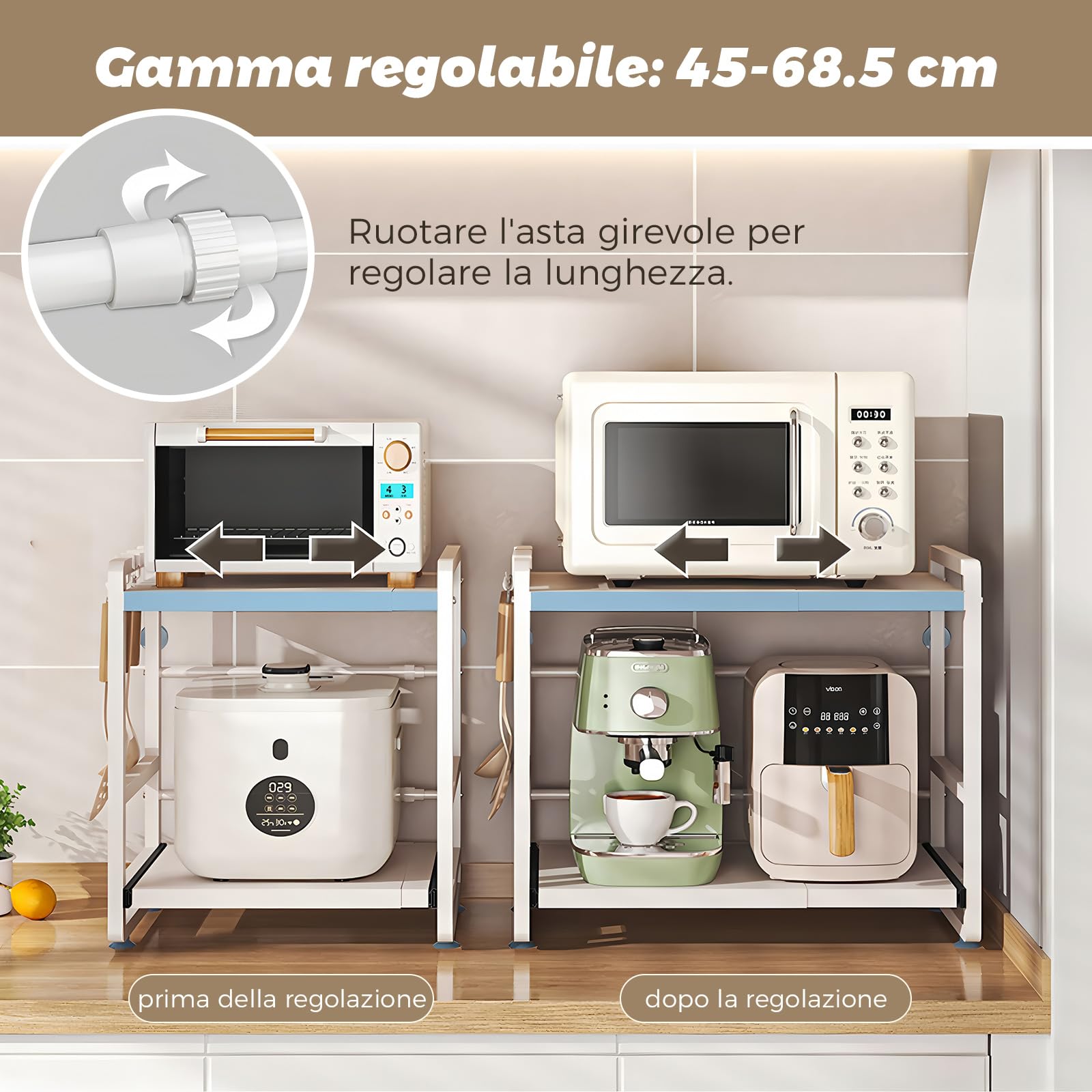 BeSokar Scaffale per microonde a 2 ripiani, regolabile in altezza ed estraibile, con cassetto, in acciaio al carbonio, con ganci e ventose di rinforzo, facile da montare (bianco)