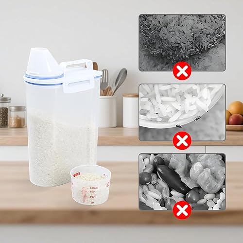 Miniatura 3 de Contenedor de almacenamiento de arroz de 4.4 lbs de alimentos secos herméticos con tapa de taza medidora, caja dispensadora de granos transparente