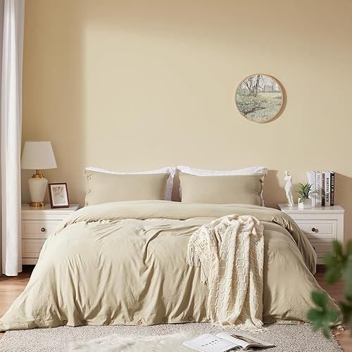 Miniatura 3 de SunStyle Home Juego de funda de edredón beige tamaño Queen con cierre de botones, 3 piezas de color liso, lujoso, ultra suave y agradable para la