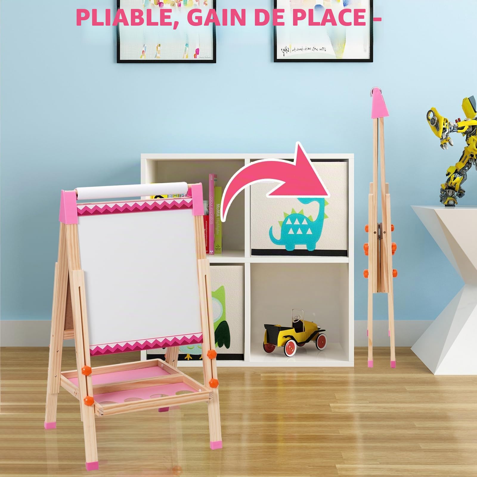 Chevalet pour Enfants Avec Rouleau de Papier à Dessin,Tableau Noir Double Face Pliable,Tableau Blanc Magnétique et Support pour Papier à Peindre,Cadeau pour Tout-Petits Garçons et Filles