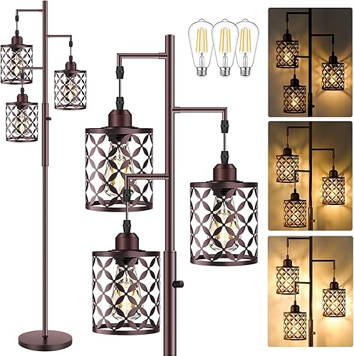 Miniatura 9 de Lámpara de pie regulable de 68 pulgadas, lámpara de pie de granja con elegante jaula de metal, lámparas de pie industriales de árbol alto para sala