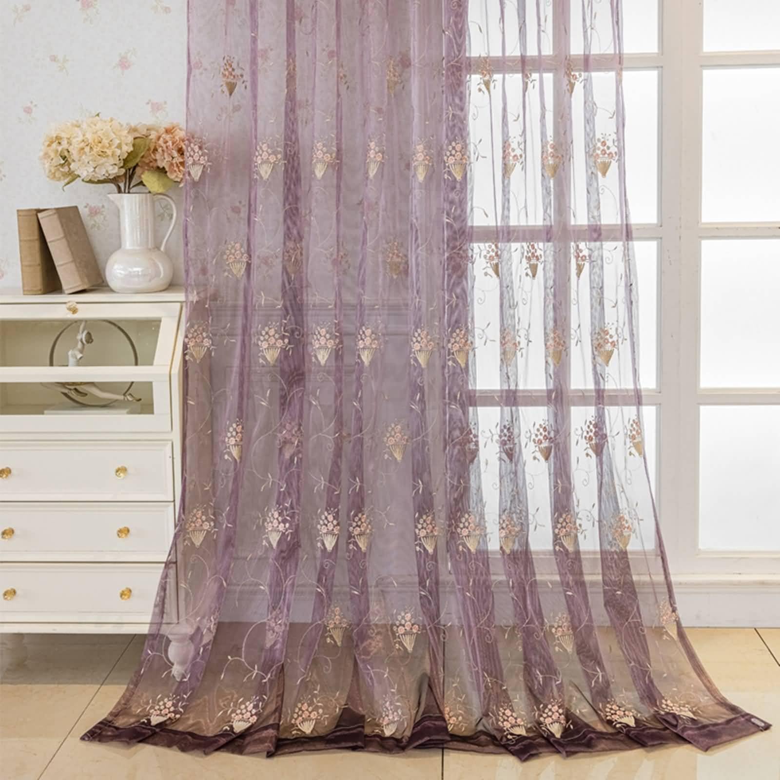 Cortinas 2 Piezas Traslúcidas,2 x 107W x 147H CM,Cortinas Ventana Visillos Púrpura Patrón Bordado Floral Cortinas Cocina con Ojales