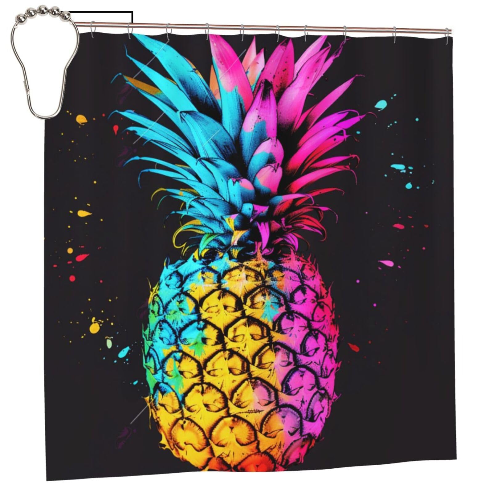 BWWHCCTI colorful Pineapple Printed Shower Curtain With 12 Iron Hooks Opaque Quick Drying Waterproof Shower Curtains Sets For Bathroom 183x183 CM