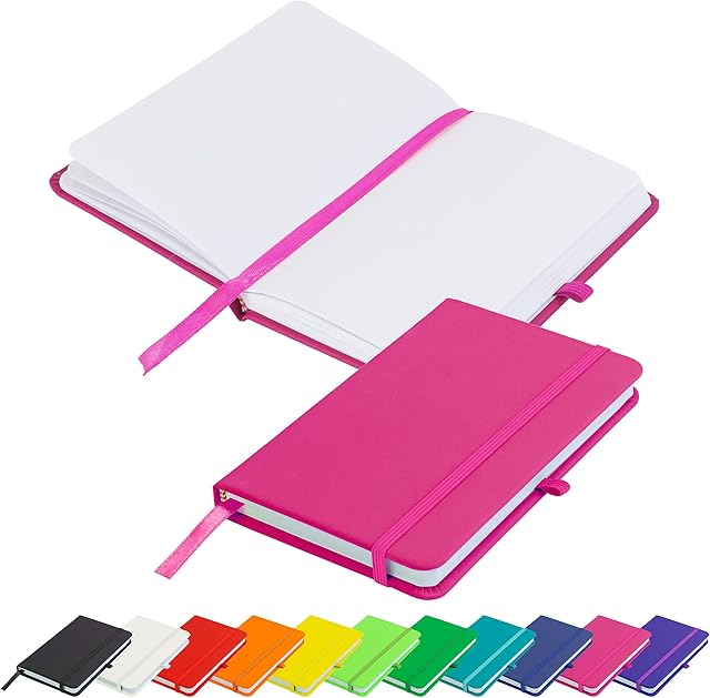 Blanco Basic A6 Notebook Unlined Plain Page New Hardback Journal with Pen Loop, Elastic Closure, Ribbon Marker and Pen Loop Notepad Note Book Notes Diary Pad (Pink)
