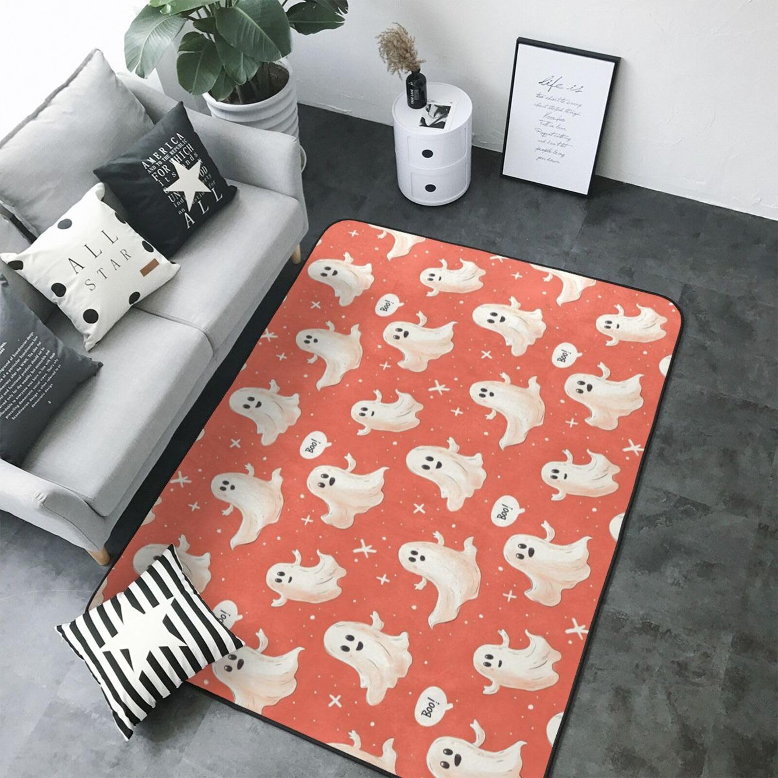 Grand tapis doux salon chambre enfant motif fantôme blanc