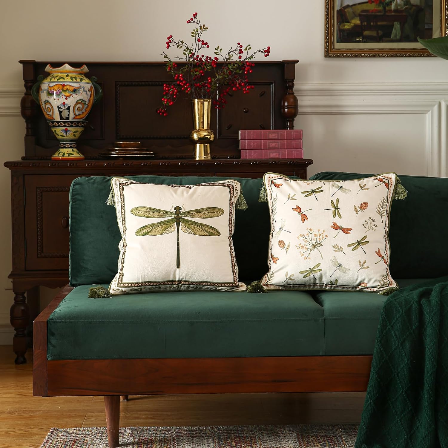 ISAENNE Design Square Vintage Cottage Throw Pillow Covers 18"x18" Set of 2,Velvet Cushion Cover with Green Dragonfly Flowers Border Pattern Decor Pillowcases for Bed,Living Room,Outdoor,Car