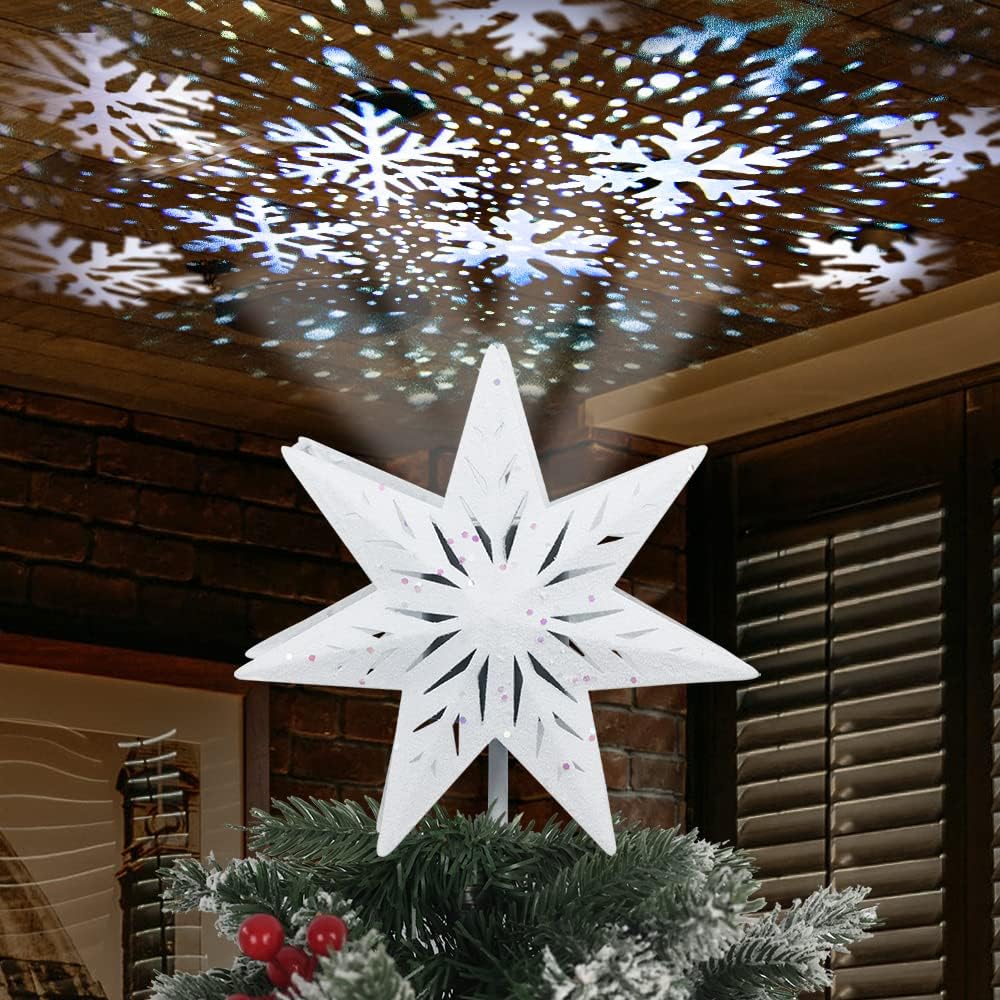 YEAHOME Christmas Star Tree Topper, 3D Lighted 7-Point Star Tree Topper White Christmas Tree Star with Snow-White Snowflake Projector Lights Xmas Tree Topper for Christmas Tree Decorations