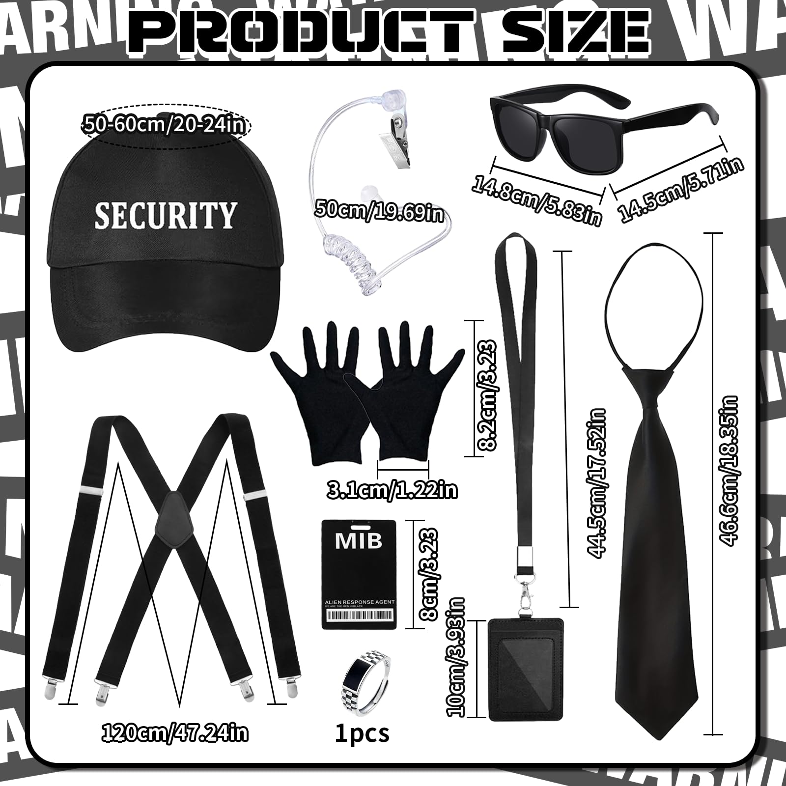 YAEGIMHT 9 Pcs Agent Costume Accessories Black Men Secret Service Cosplay Costume with SECURITY Hat Black Tie Sunglasses Ring Card Case Security Costume for World Book Day Halloween Role-Playing - Image 2