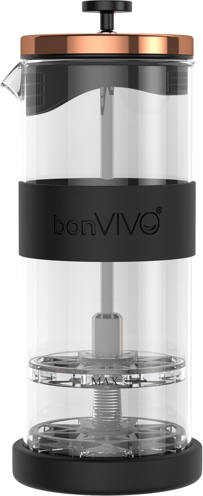 bonVIVO Handheld Milk Frother with Glass Jug FOMO, Stainless Steel Coffee Frother, Manual Milk Foamer with Fine Mesh Sieve, Splash Guard, Copper Finish, 400ml (13.5 Oz)