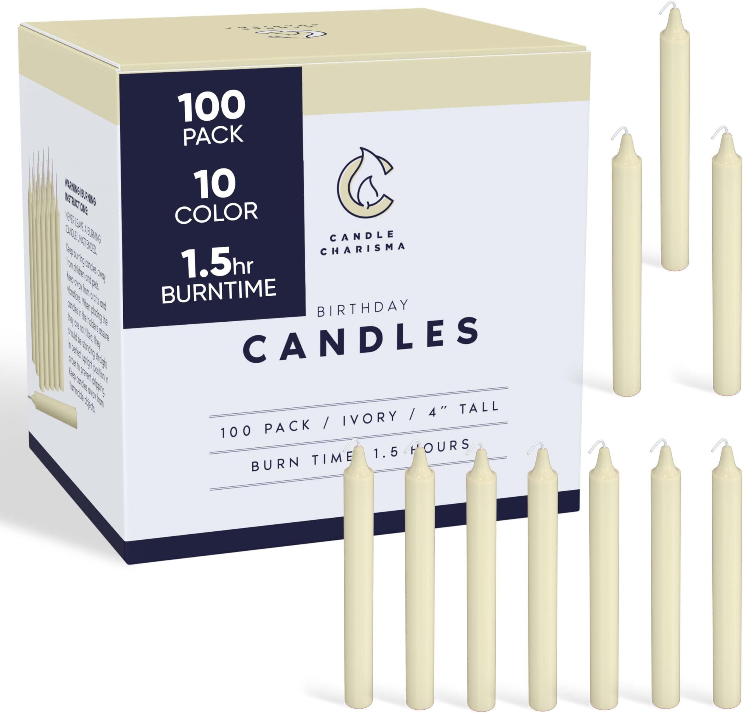 Candle Charisma 100 Ivory Spell Candles - 4" Unscented Paraffin Chime Candles, Smokeless & Dripless, Colored Candles, 1.5 Hours Burn Time 0.4" Thick Taper Candles for Rituals,Birthdays and Parties