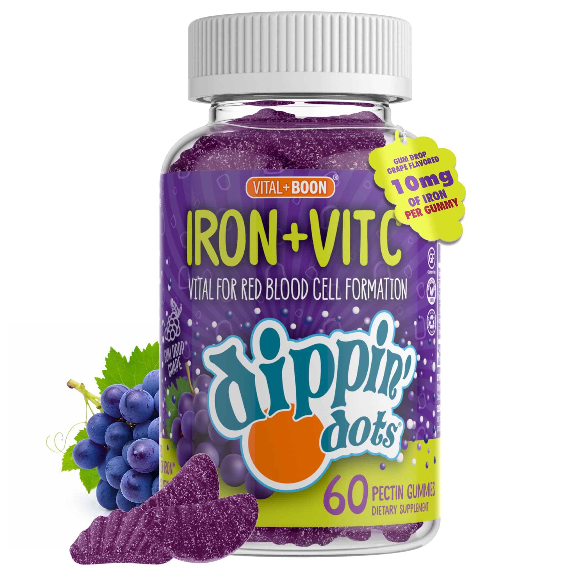 Vital+Boon Dippin' Dots Gomas de Ferro com Vitaminas C e B12, 10 mg + 40 mg + 2 mcg por porção, 60 gomas