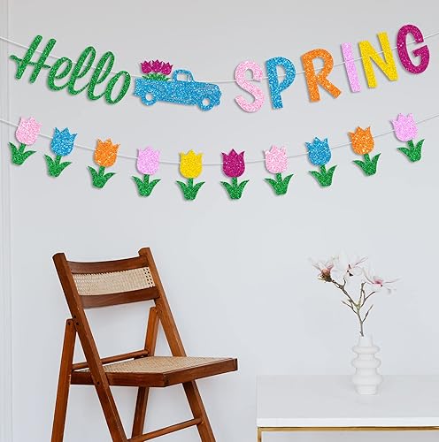 Miniatura 5 de Cartel de Hello Spring con purpurina con letreros de camión de tulipanes y coloridos tulipanes brillantes con texto en inglés «Hello Spring