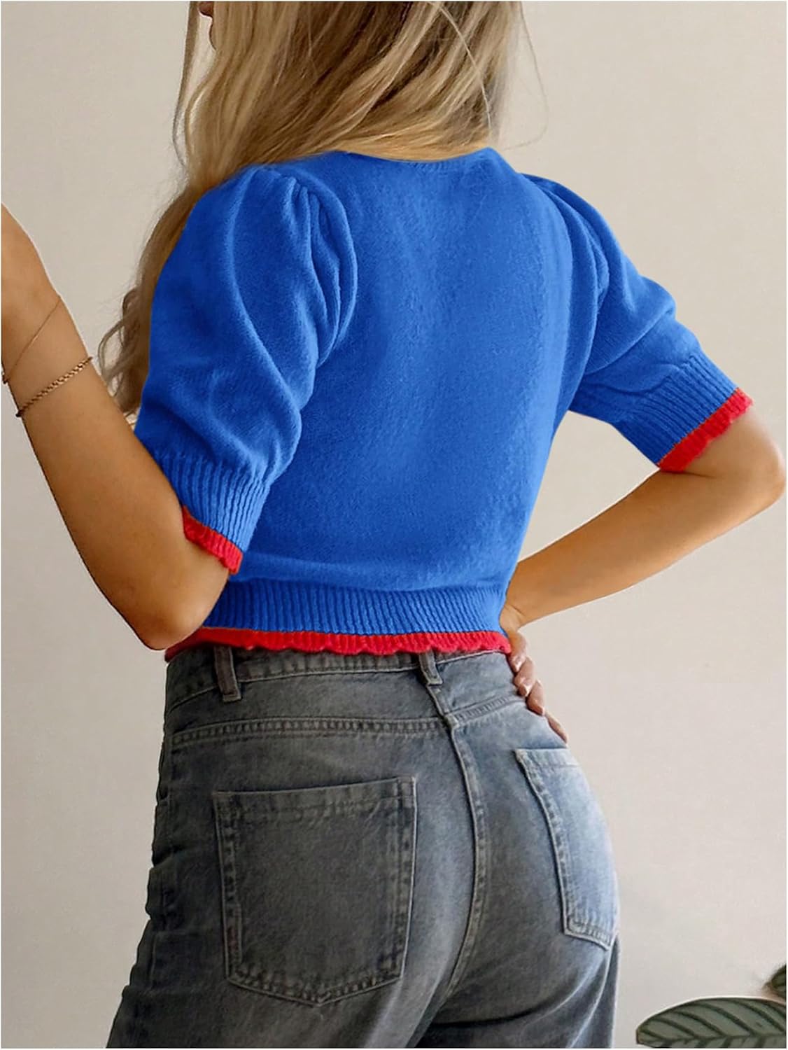 WDIRARA Women's Cute Cherry Sweater Mock Neck Puff Short Sleeve Sweaters Knit Crop Tops - Image 3