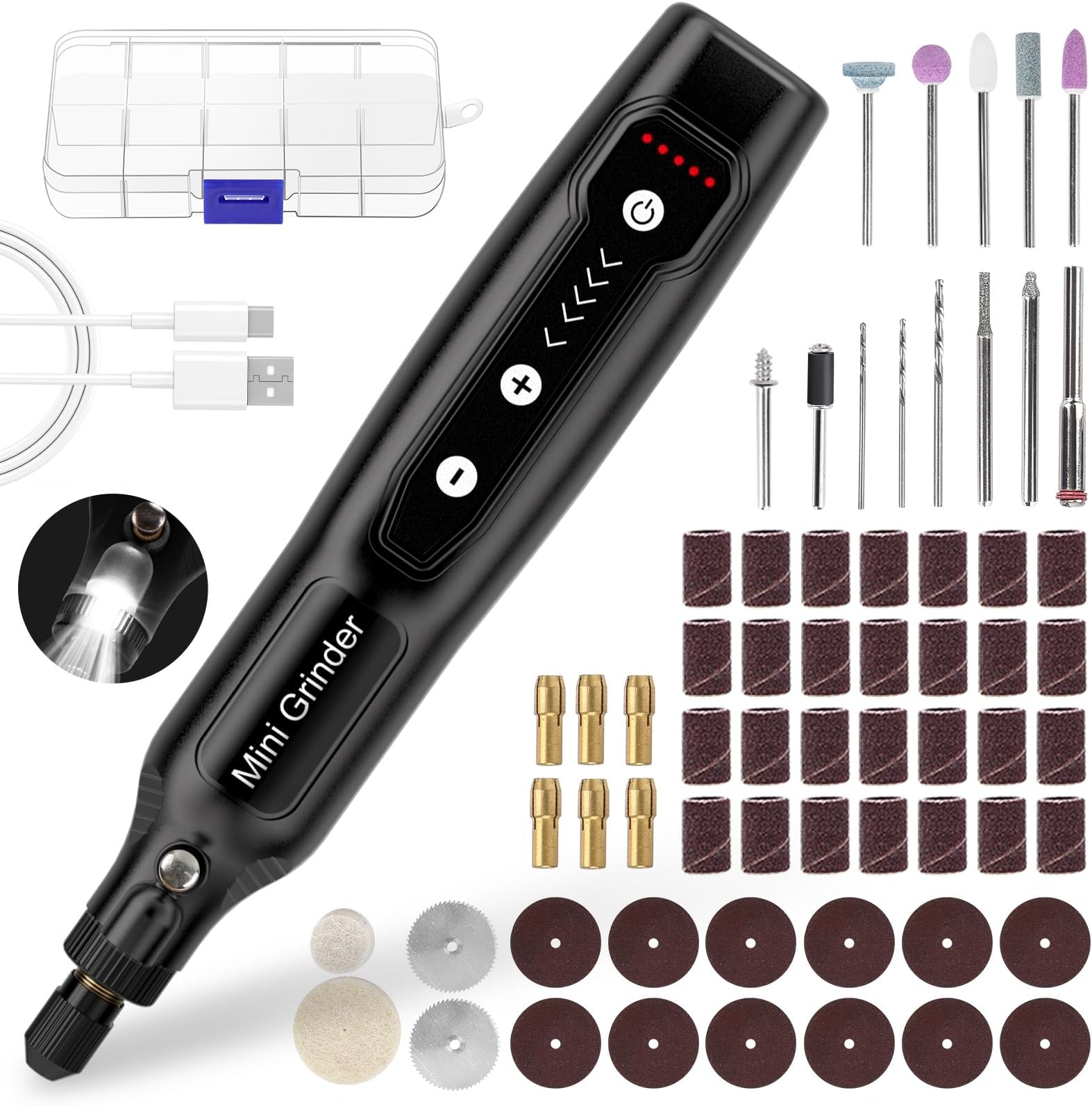 Cordless Mini Rotary Tool Set - 64Pcs Accessories 5 Speed 5000-18000rpm Multi-Purpose Mini Electric Grinder Kit 3.7V USB Rechargeable with Light for Engraving Grinding Polishing Cutting DIY Black