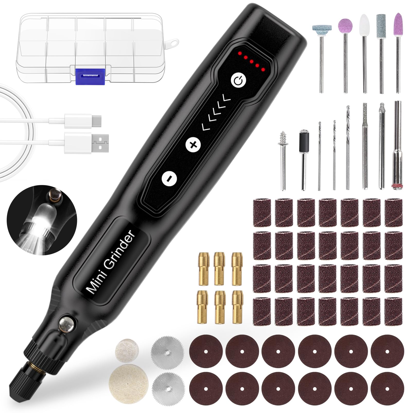 Cordless Mini Rotary Tool Set - 64Pcs Accessories 5 Speed 5000-18000rpm Multi-Purpose Mini Electric Grinder Kit 3.7V USB Rechargeable with Light for Engraving Grinding Polishing Cutting Sanding DIY