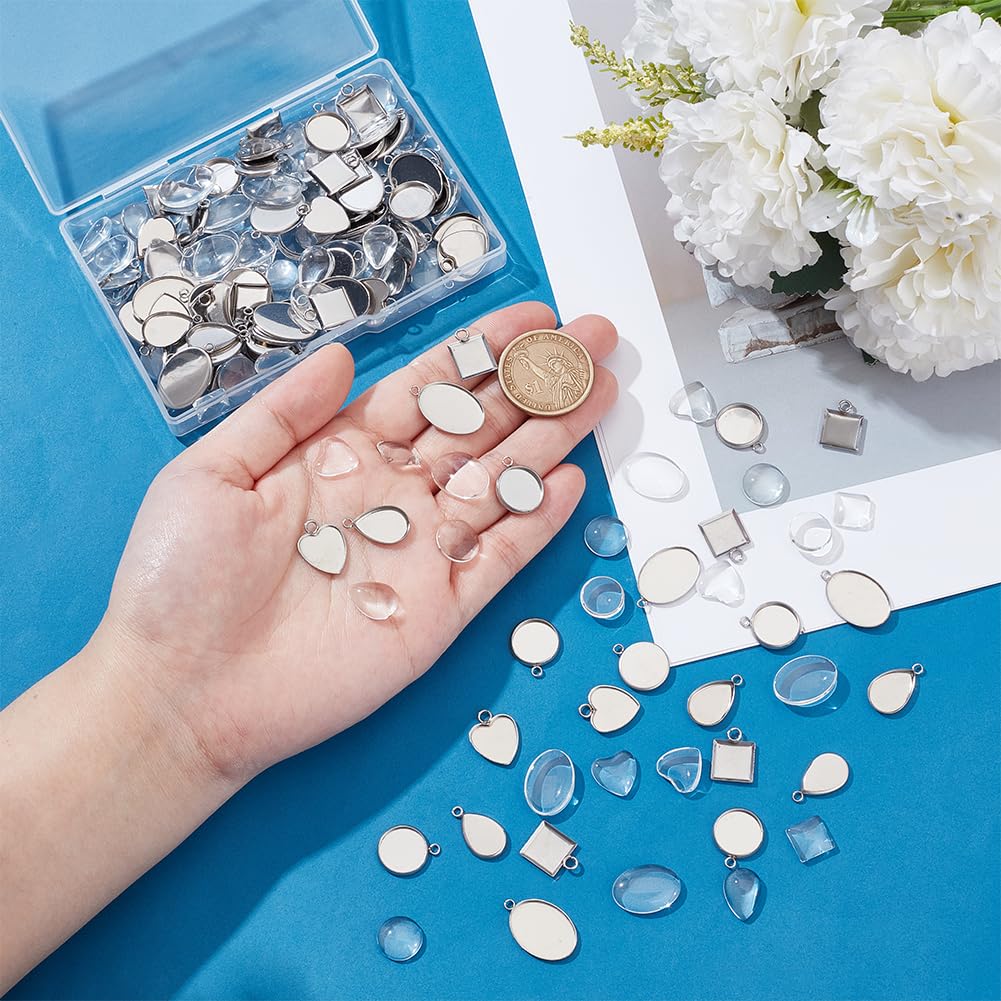 UNICRAFTALE 200 pezzi 5 stili cabochon ciondolo in acciaio inox con lunetta nuda ovale a forma di goccia a forma di cuore piatto quadrato base cabochon ciondolo per la creazione di gioielli, Metallo