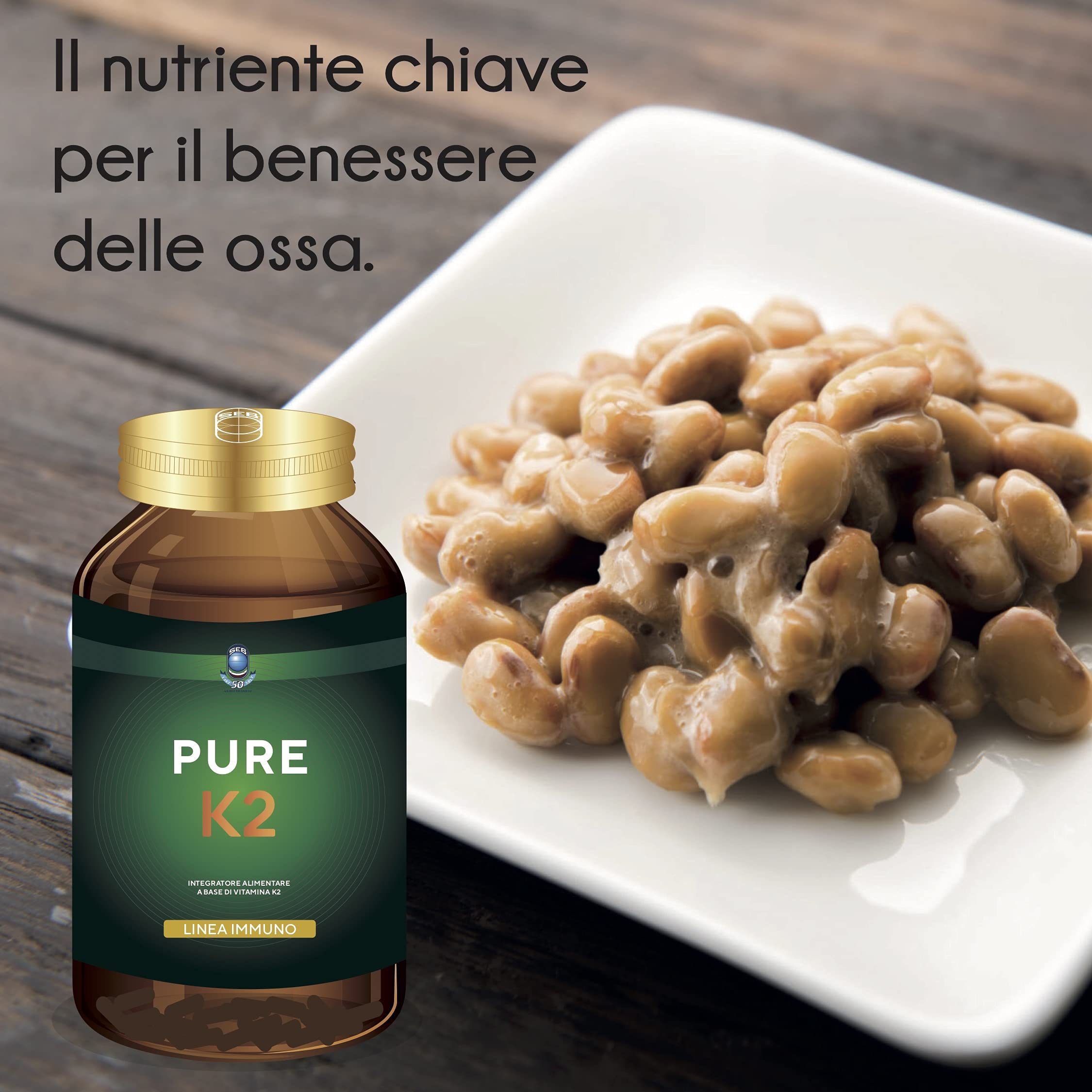 SEB - PURE K2 - Integratore alimentare naturale di Vitamina K2 MK7-60 capsule. 100% vegetale, 100 mcg per capsula