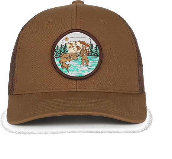 Outdoor Cap Sasquatch Gone Fishin Trucker Hat Structured Pro Round Cap with Bigfoot Patch, Mesh Back, Adjustable Snapback
