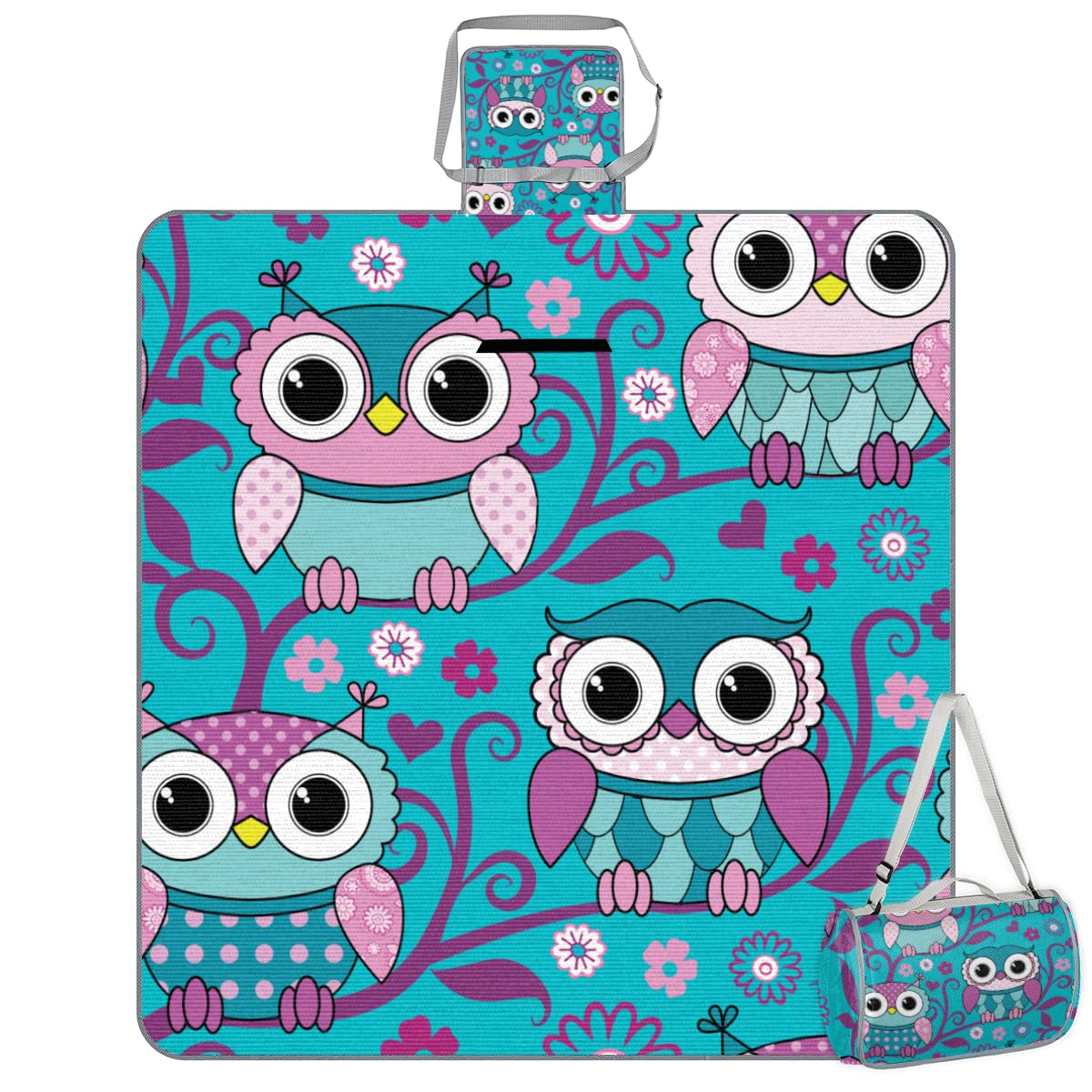 Shimoshe Picnic Blankets 57”x 59”, Blue Pink Owl Waterproof Sandproof Picnic Mat Lightweight Foldable Beach Blanket for Camping Park Grass Beach Outdoor Blanket