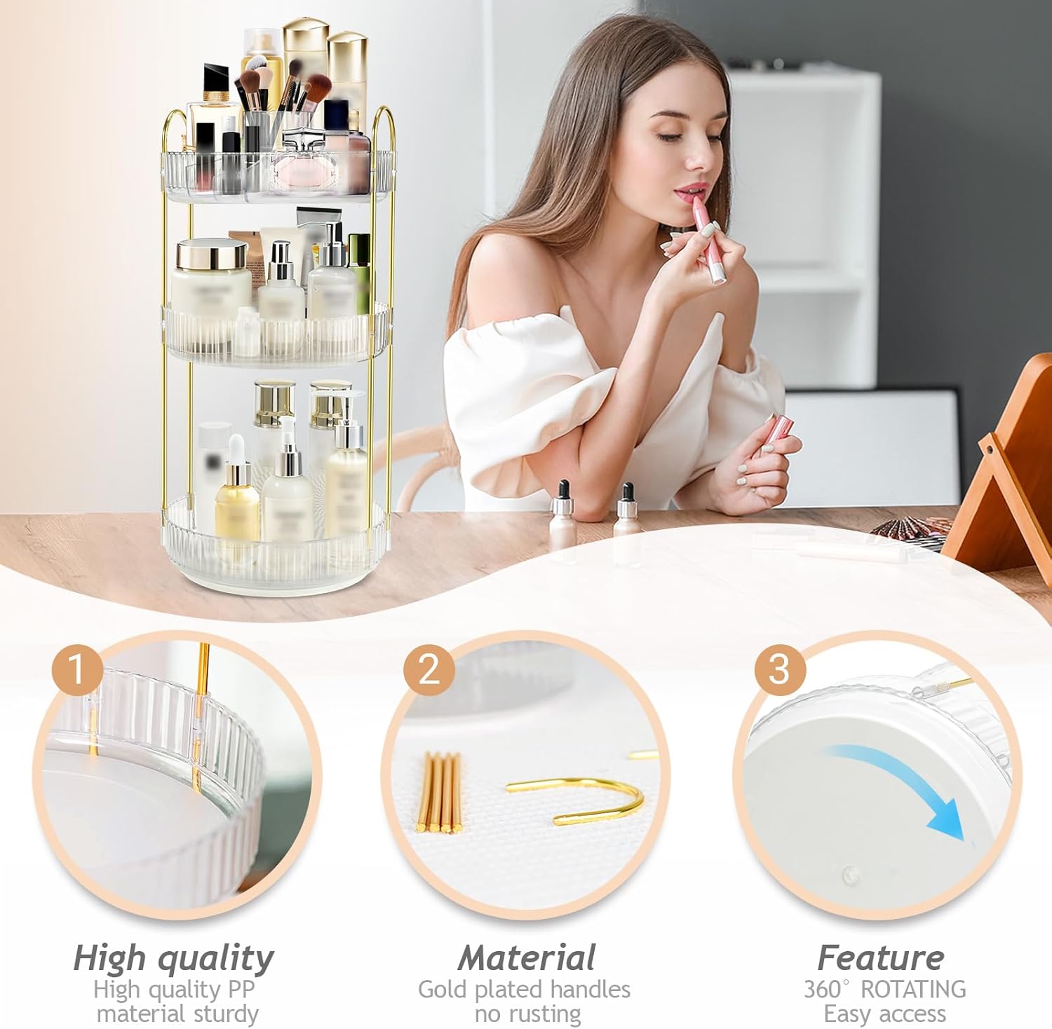Rotating Makeup Organizer for Vanity, High-Capacity Skincare Perfume Storage, Bathroom Counter Organizer, 360 Spinning Cosmetic Dresser Countertop Organizers (White 3 Tier) - Image 3