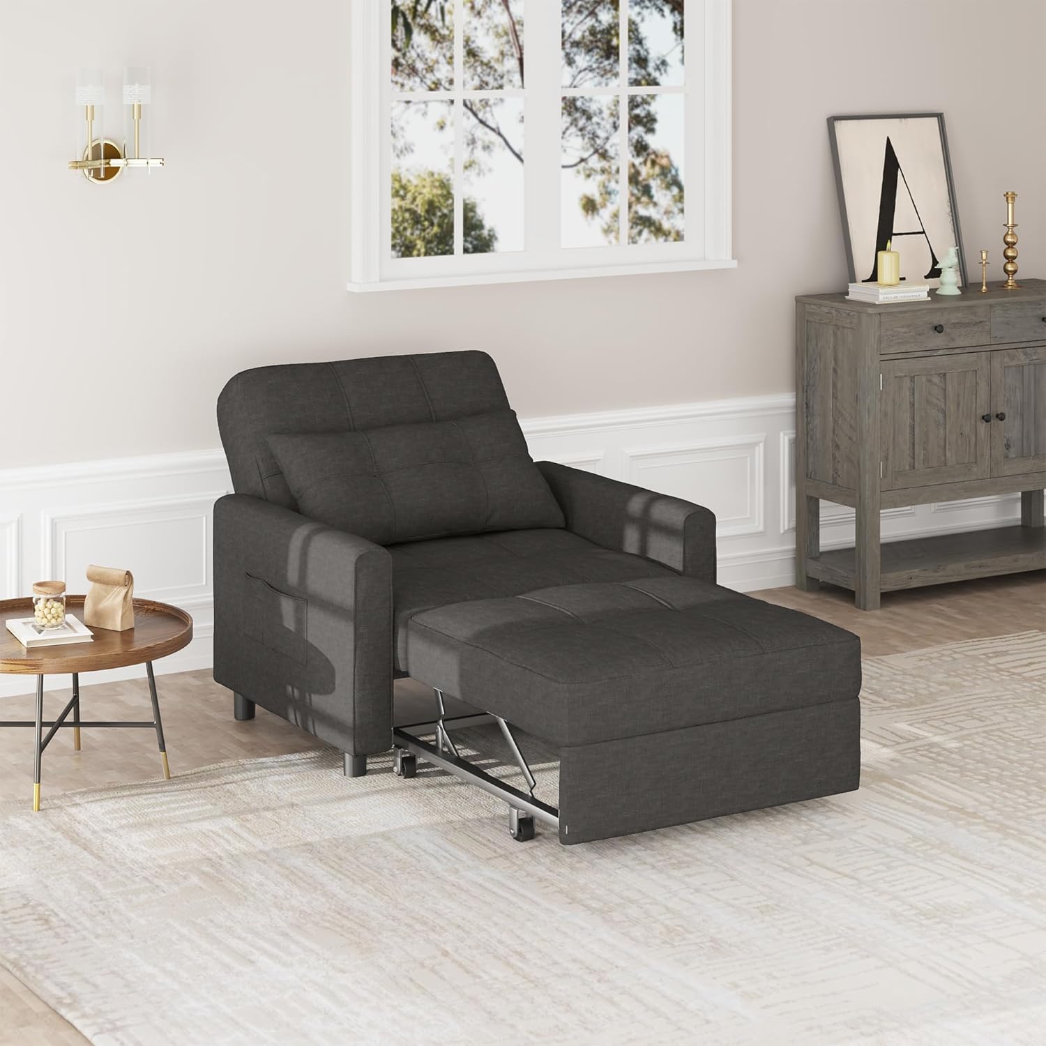 The armchair converted into a chaise lounge in a living room setting.