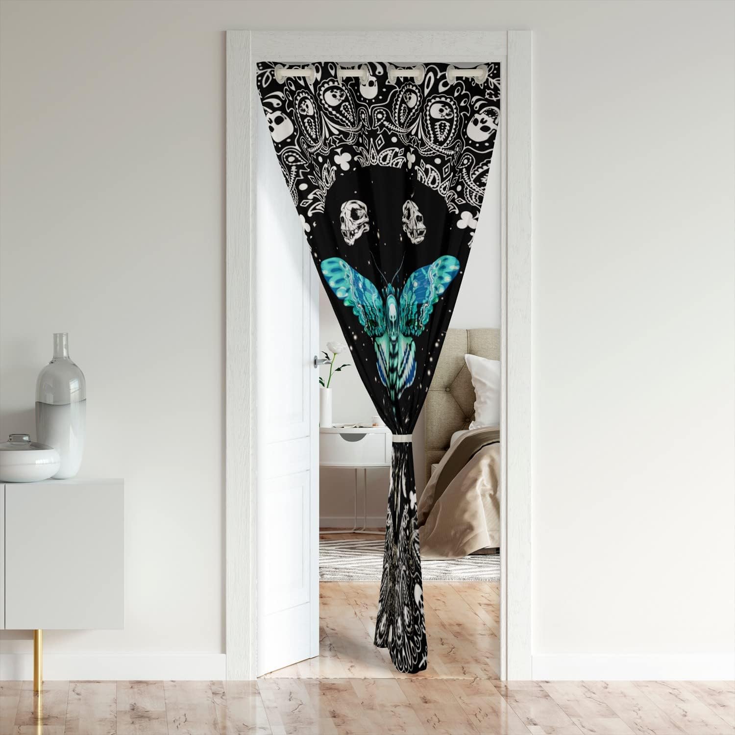 jejeloiu Moth Skull Darkening Blackout Curtain Sun and Moon Boho Door Curtain Doorway Privacy Bohemian Style Closet Door Cover Curtain Psychedelic Hippie Galaxy Astrology 42x80 Inch 1 Panel
