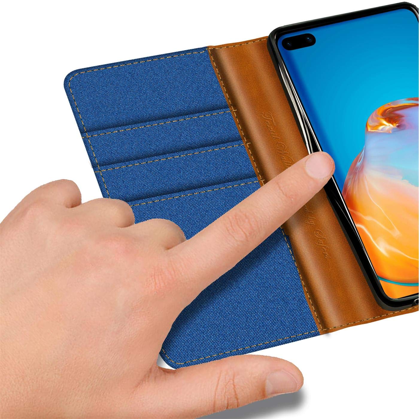 Verco Phone Wallet Case compatible with the Huawei P40, Canvas Faux Leather Book Cover for the P40 Flip Case Bag Hinged - Blue - Image 3