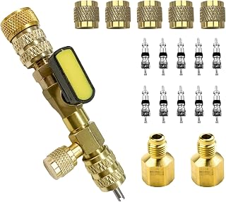 Valve Core Remover Installer Tool, HVAC Valve Core Remover with Dual Size 1/4 & 5/16 Port, Valve Stem Removal Tool kit with Brass Adapter 5 Brass Nuts 10 Valve Cores