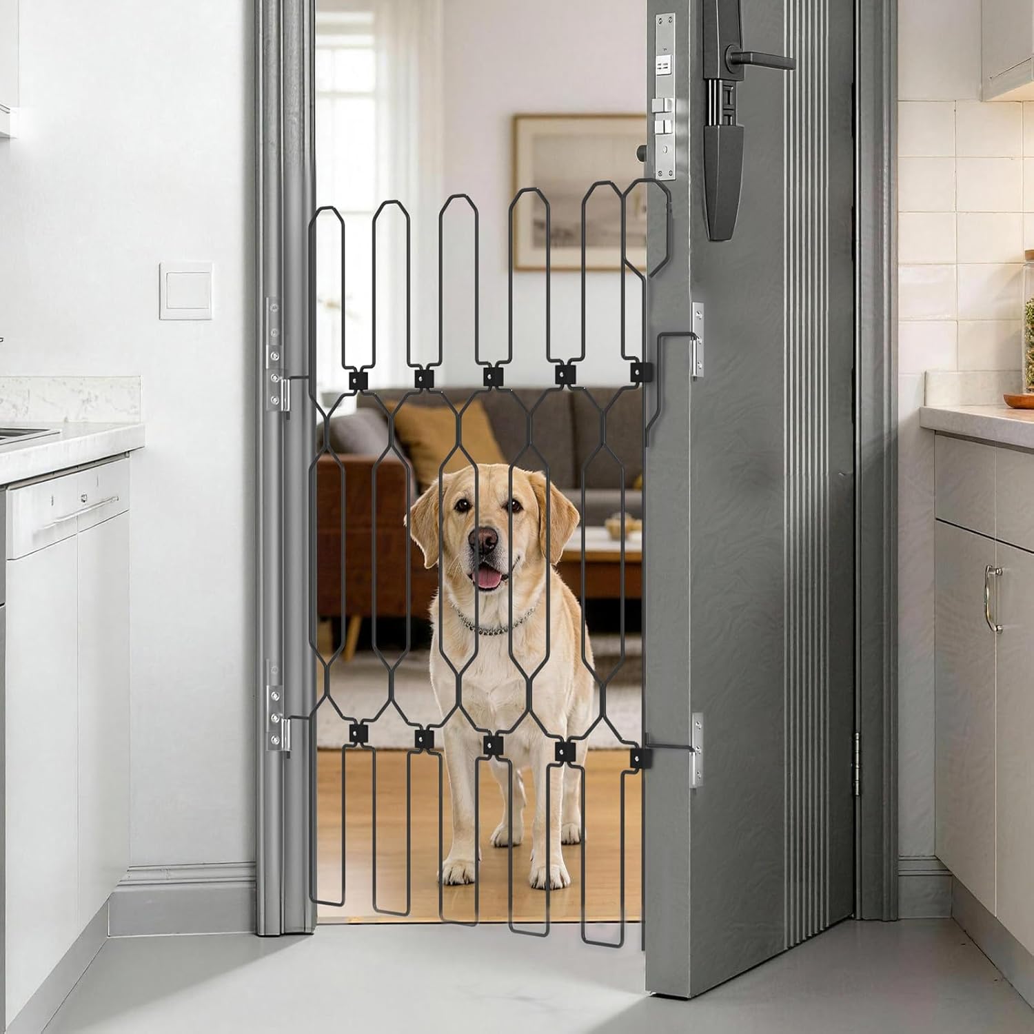 Metal Retractable Dog Gate for Front Door, Adjustable Pet Barrier for Doorways, Easy to Open Door Blocker for Dogs and Cats, Space Saving Design for Apartments RVs Indoor Outdoor