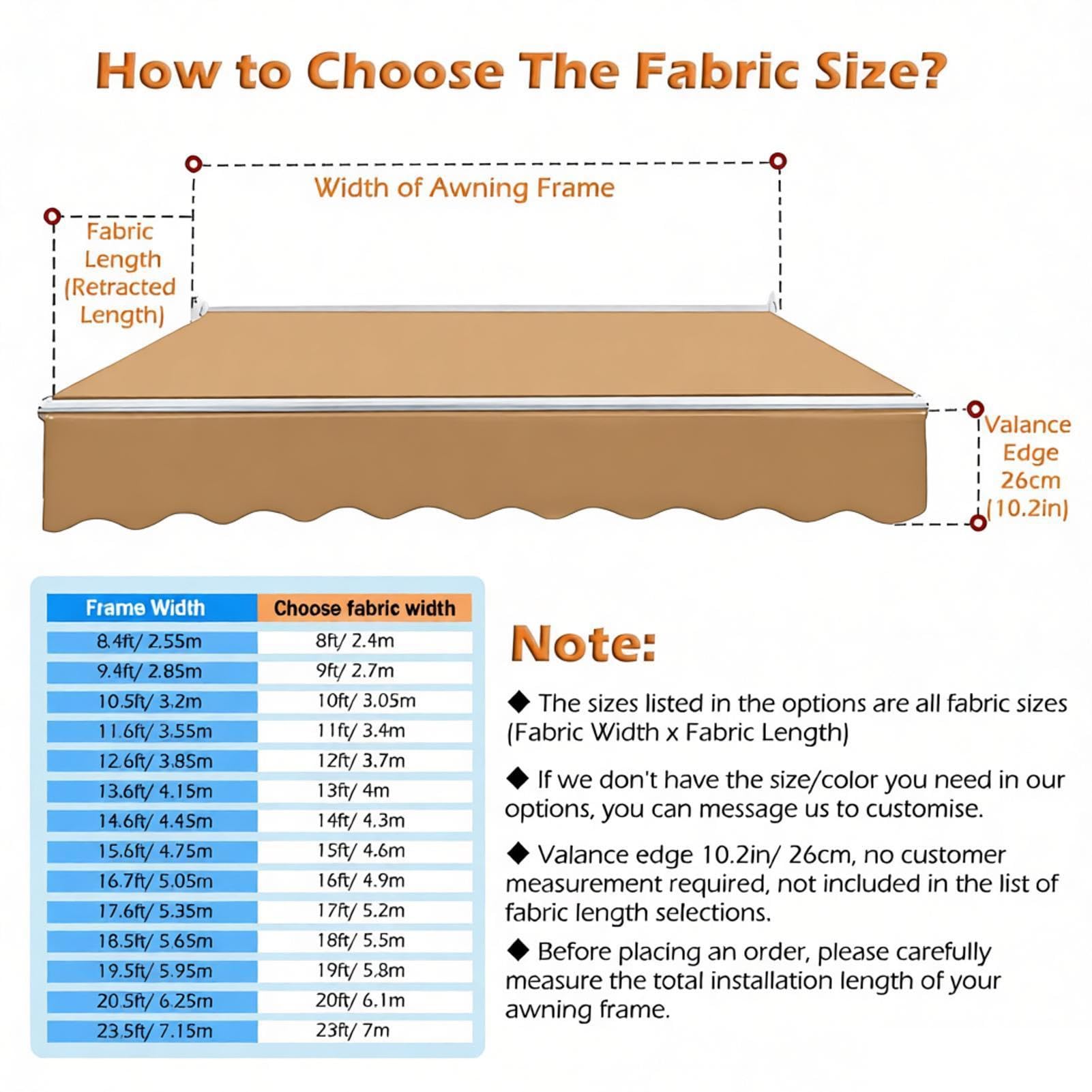 Tissu Store Banne Toile De Rechange pour Store De Terrasse | Couleur camel, Voile d'ombrage pour barbecue Porches Terrasse, 2m 3m 4m 5m 6m 7m(12x10ft/3.7x3.05m)
