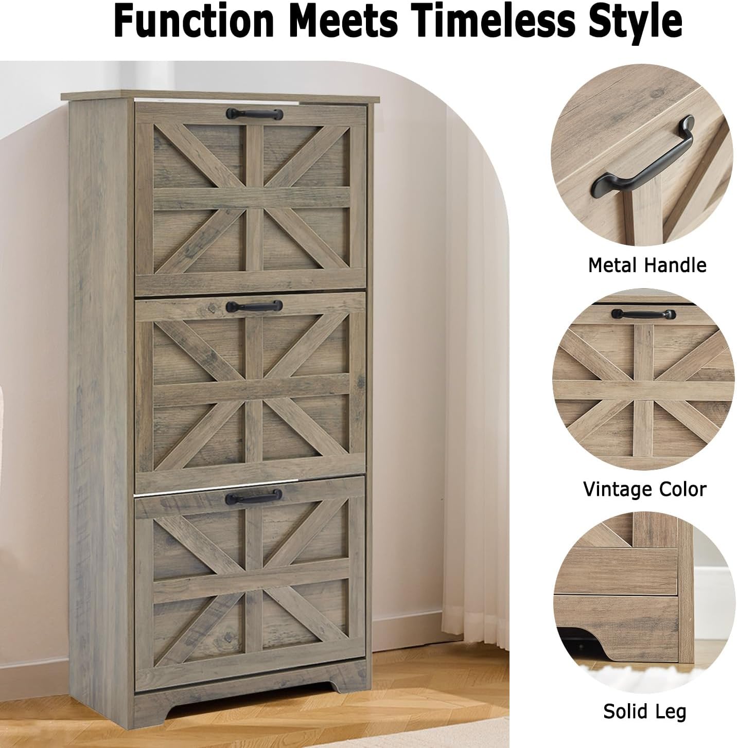 Shoe Storage Cabinet with 3 Flip Drawers, Farmhouse Shoe Organizer with Barn Door Design, Space-Saving Hidden Narrow Shoe Rack Cabinet for Entryway, Hallway & Foyer, Grey