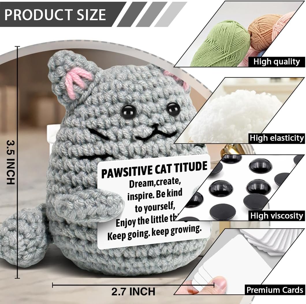 Inspirational Crochet Positive Cat Graduation Christmas Birthday Gift for Cat Lover Women Friend Sister Coworker with Positive Card Funny Cat Themed Home Office Desk Decor - Image 3