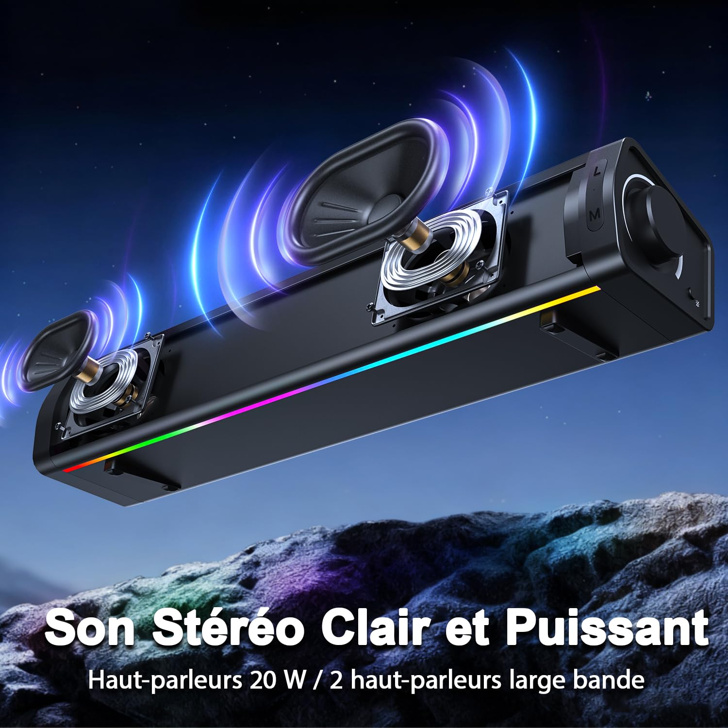 ZETIY Enceinte PC RGB, Barre de Son USB pour Ordinateur, Haut-Parleur Gaming Filaire avec Prise Jack 3.5mm, Son Stéréo pour PC de Bureau, Laptop, Tablette et Smartphone