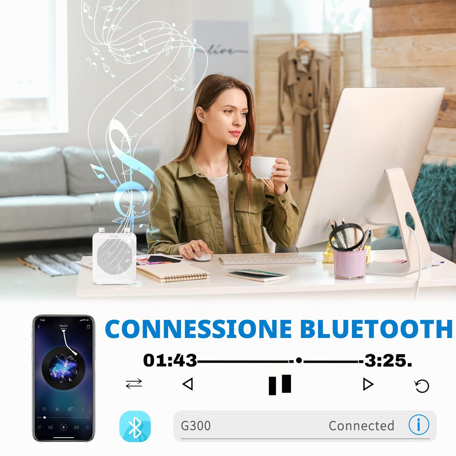 Amplificatore vocale portatile con microfono Batteria ricaricabile 2800mah Sistema PA per insegnanti, guida turistica, allenatori, presentatori(Bianco)