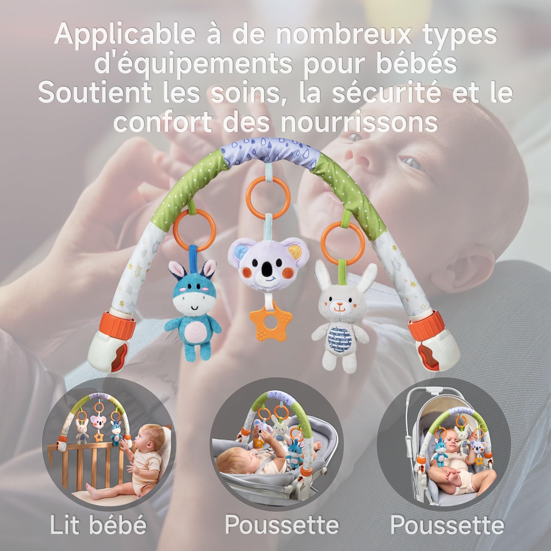 TUMAM Arche Eveil Jouet Poussette pour Bébé 0-3 6-9 Mois, Bebe Jeux Eveil Suspendu D'activité avec Hochet Et Anneaux De Dentition pour Auto, Stroller Arch, Berceau - Peluche Animaux Hochet Cadeau