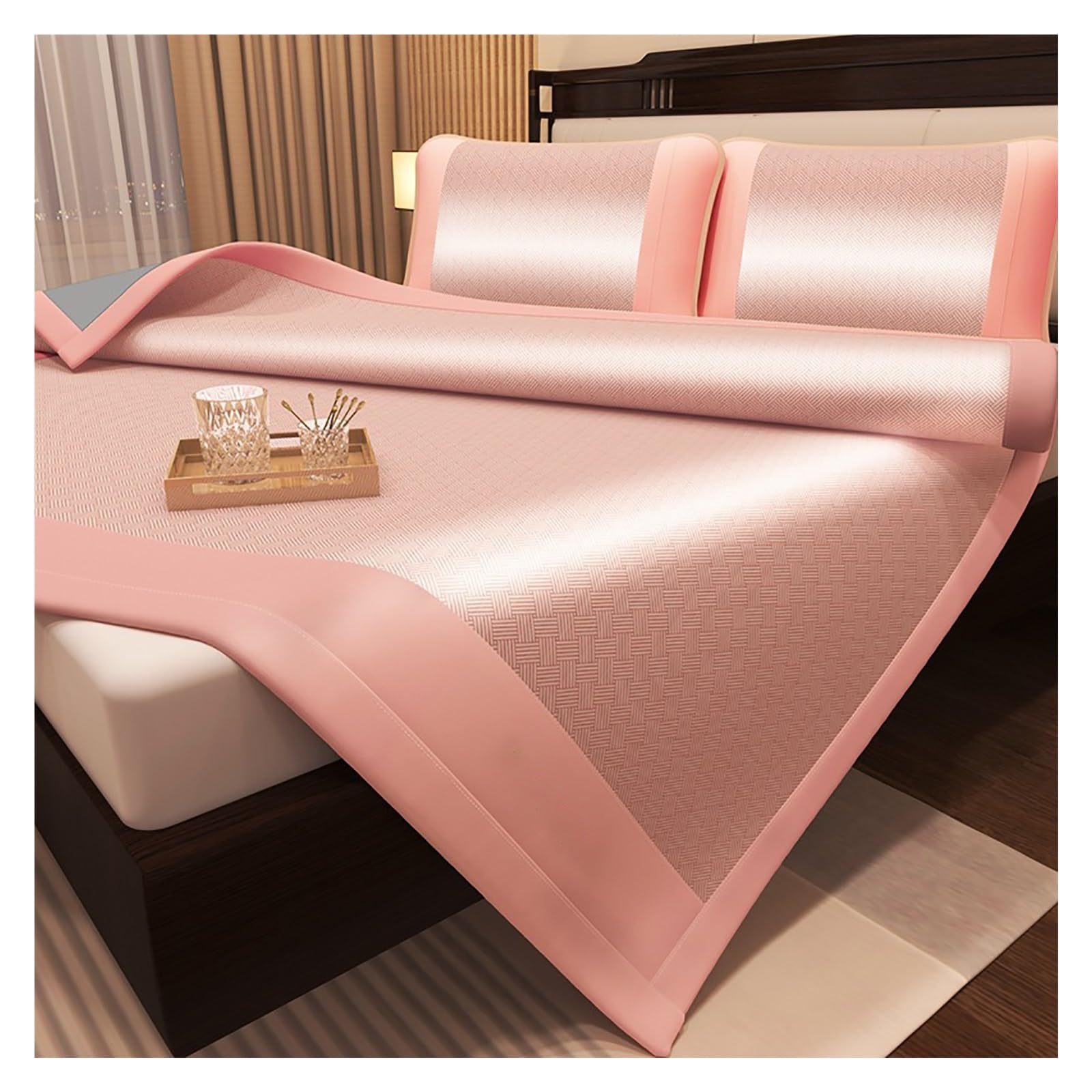 EGZASDI Summer Bamboo Mat Bed, Ice Silk Cooling Sleeping Mat Breathable Multicolor Multiple Sizes With 2 Pillowcases(Pink,150 * 200cm)