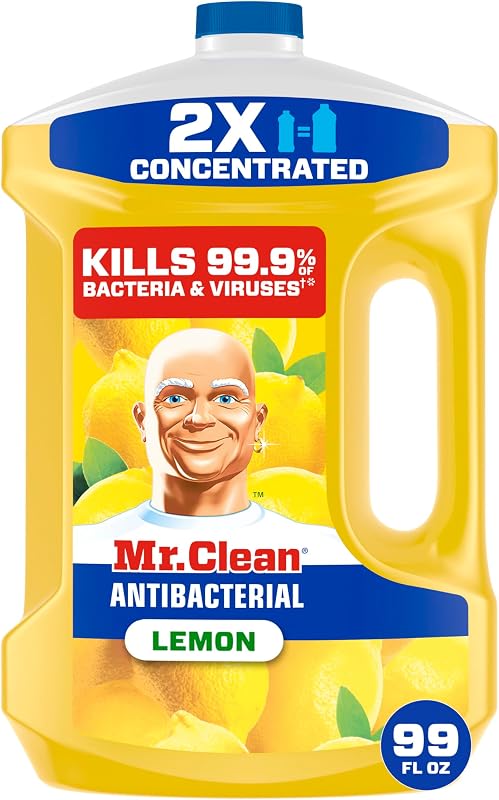Mr. Clean Limpiador antibacteriano multiuso, limpiador de pisos para trapear el hogar, el baño y la cocina, líquido de limpieza para trapeador y balde, suministros de limpieza, diluible en múltiples superficies, limón, 99 oz
