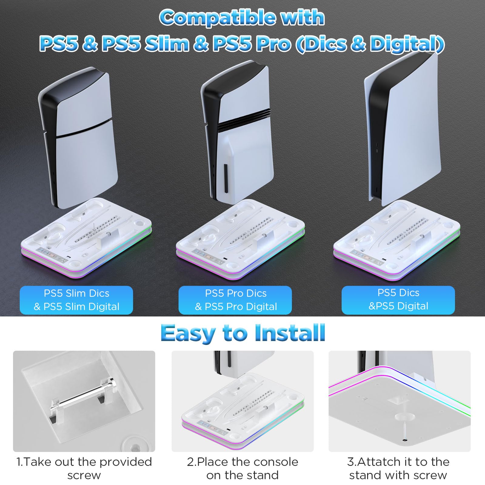 Supporto PS5 con Ventola di Raffreddamento, Stazione Ricarica Verticale per Console Slim/Pro con Luci RGB