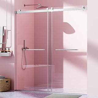 Shower Door 68-72 in x 76 in Frameless Double Sliding Shower Door, 3/8 inch Thick SGCC Tempered Glass Door, Brushed Nickel Reversible Installation Door