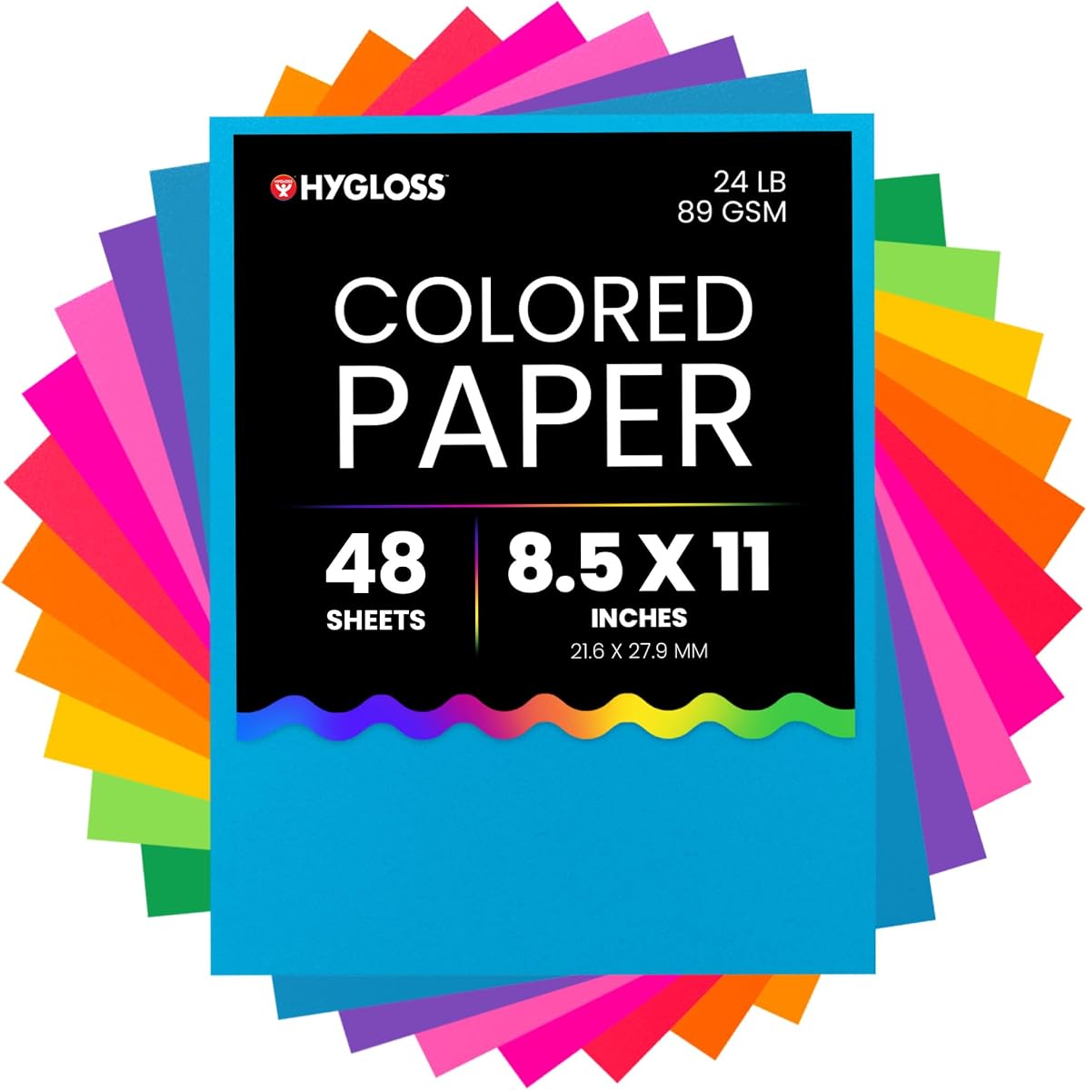 Papel Hygloss de colores brillantes surtidos: 24 lb, 89 GSM, sin ácidos, resistente a la decoloración, papel para copias en color tamaño carta de 8.5 x 11 pulgadas, 48 ​​hojas, 12 colores
