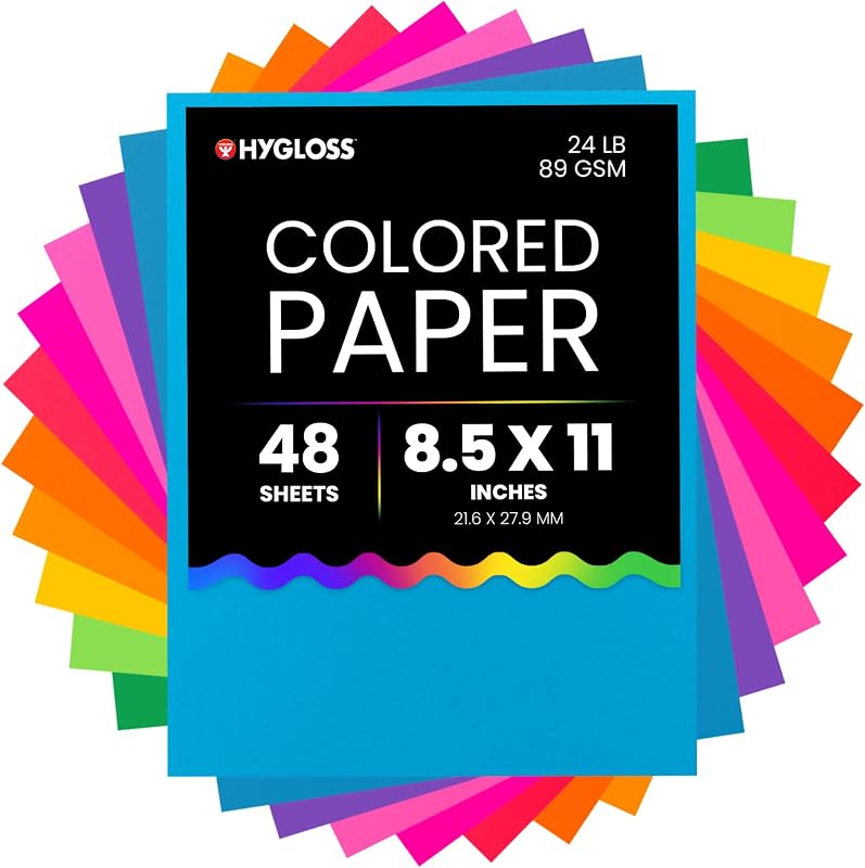 Hygloss Assorted Bright Colored Paper - 24 lb, 89 GSM, Acid-Free, Fade-Resistant, 8.5x11-Inch Letter Size Color Copy Paper, 48 Sheets, 12 Colors