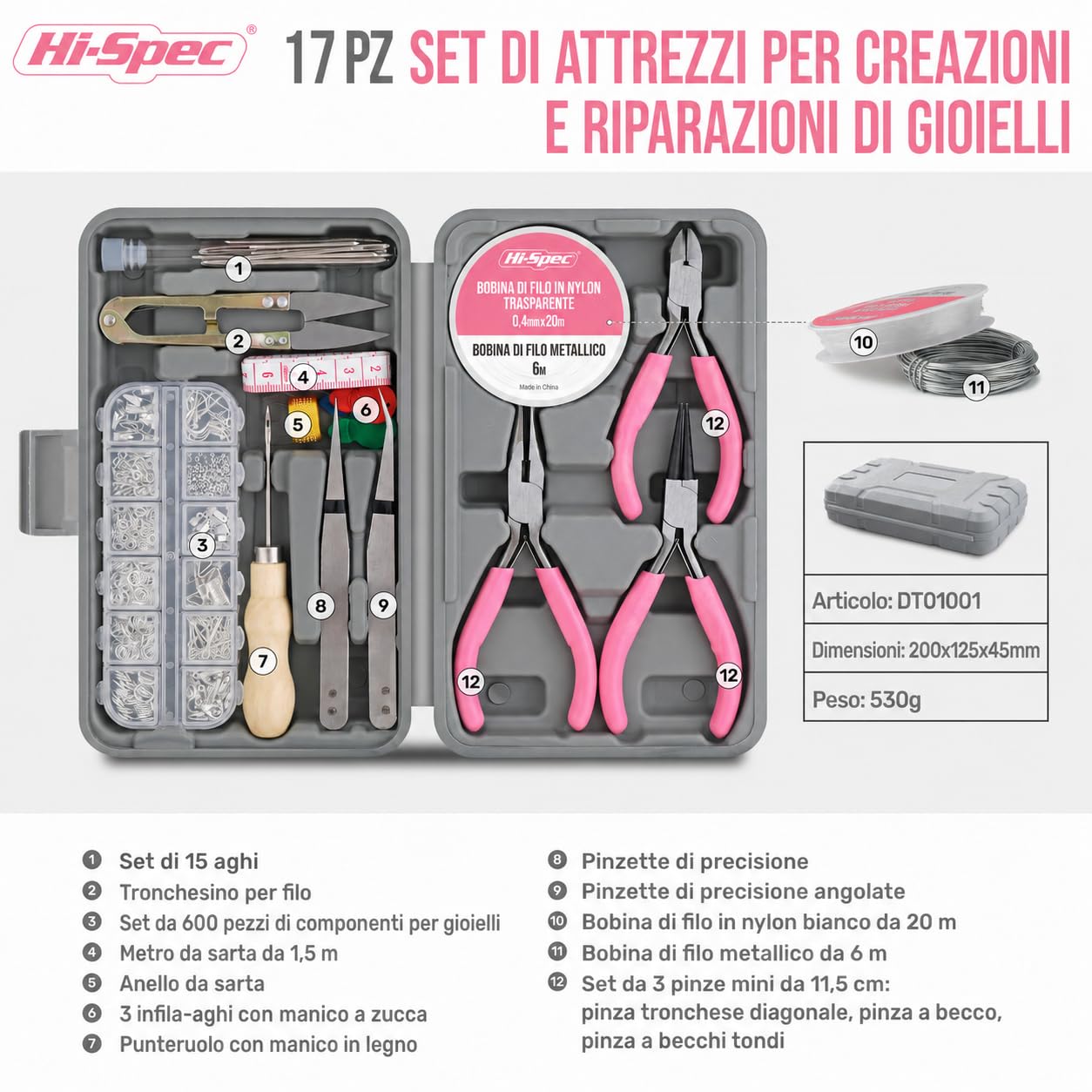 Hi-Spec set da 17 pezzi di strumenti per creazione di gioielli e set di accessori da 600 pezzi. Pinze e fili per bracciali, collane, orecchini fatti a mano, arti e mestieri