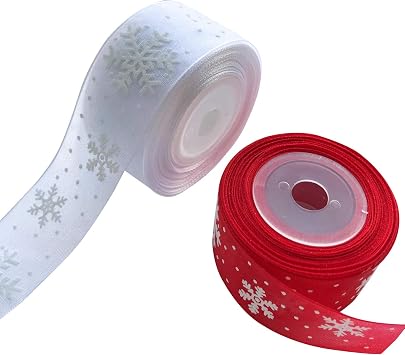 2 Rolls Christmas Ribbons, 1 Inch by 10 Yard Snowflake Organza Spool Ribbon for Christmas Tree Gifts Wrapping Decoration White+Red