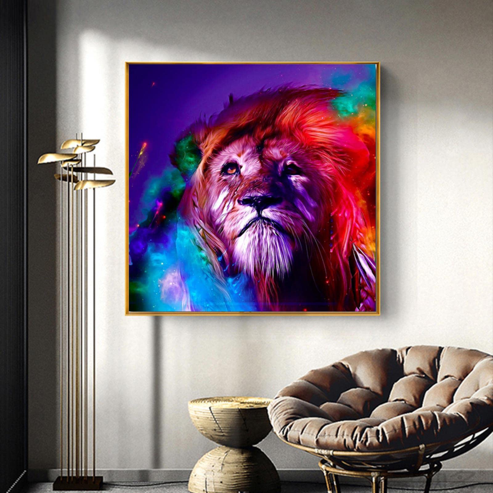カラフルなライオンの原画　F3号キャンバス 絵画　現代アート　動物画　手描き Amazon.co.jp: レインボーカラー動物絵画キャンバスアートプリントと