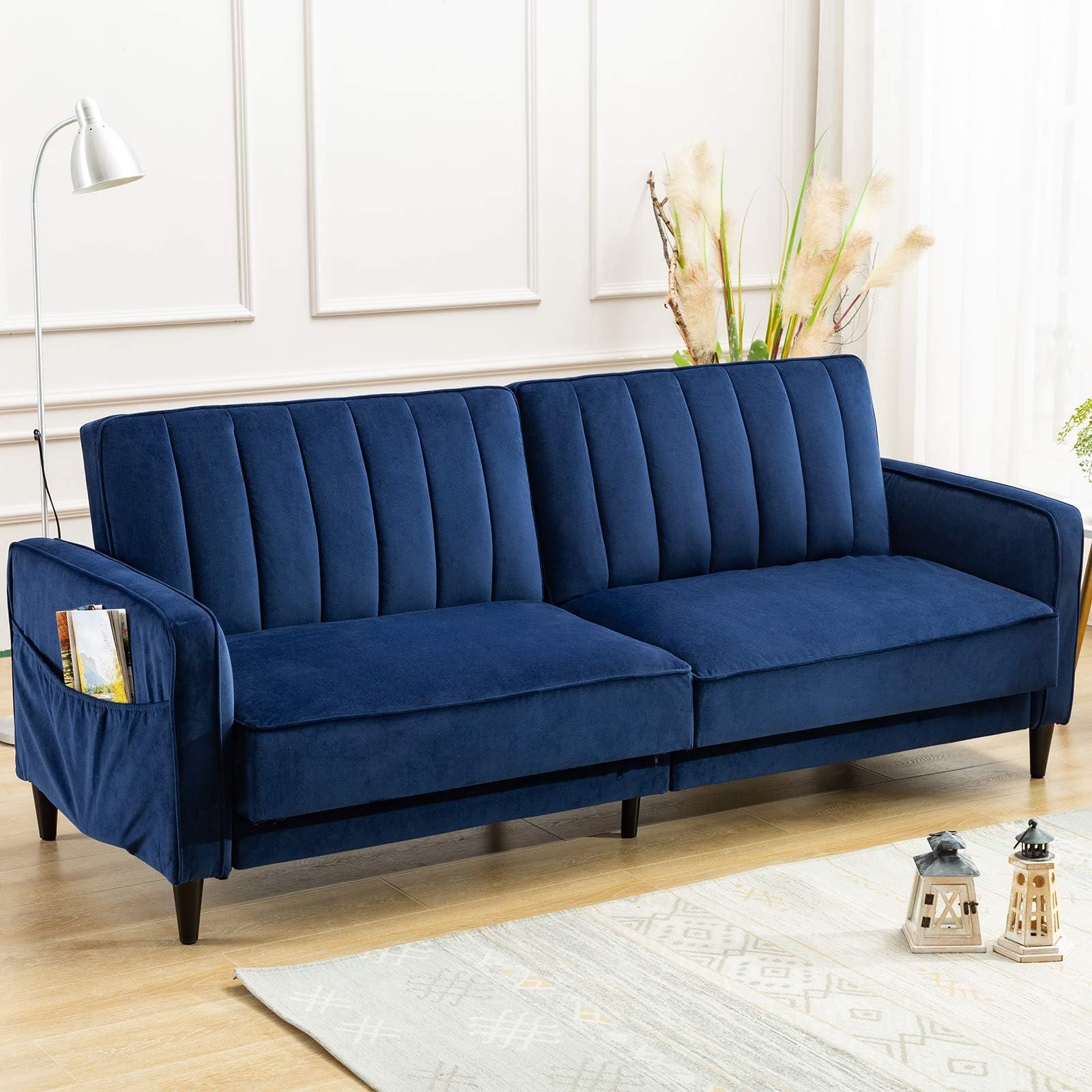 ANJ Convertible Sofa Bed, Modern Tufted Velvet Fabric Futon Sofa Fold Up & Down Recliner Couch (Navy)