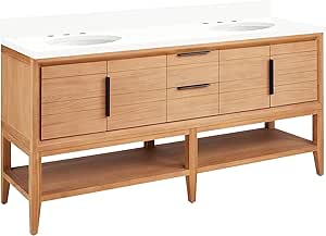 Signature Hardware 955226-72-um Aliso 72" Console Teak Double Basin Vanity Set with Cabinet, Vanity Top, and Oval Undermount Sinks - 8" Faucet Holes - Natural Teak/Arctic White